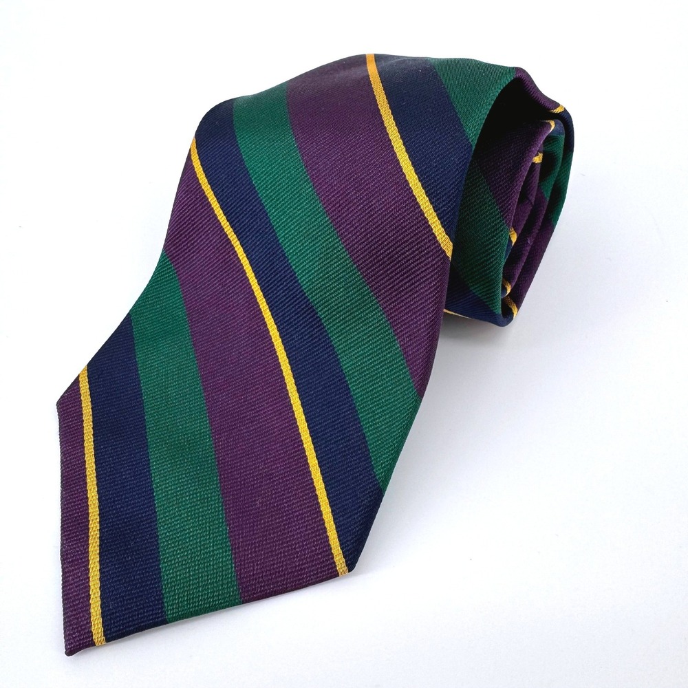 Lauren Ralph Lauren Necktie Men Purple Green Gold Silk Stripe Hand Finished 56"